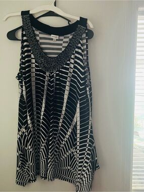 Avenue Black & White Geometric Stripe Tank with Beaded Scoop Neck